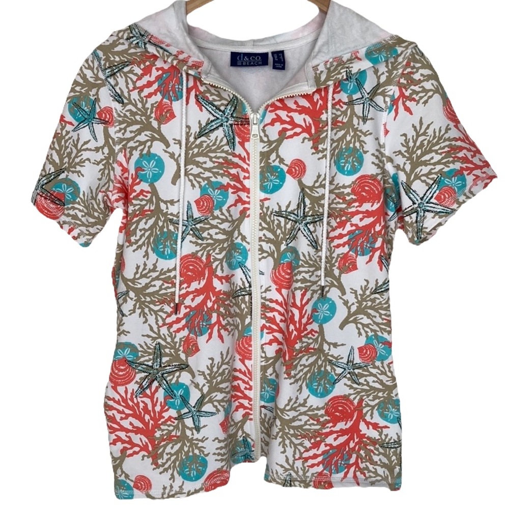 Denim & Co. Beach Coral Print Zip Front Short Sleeve Hoodie